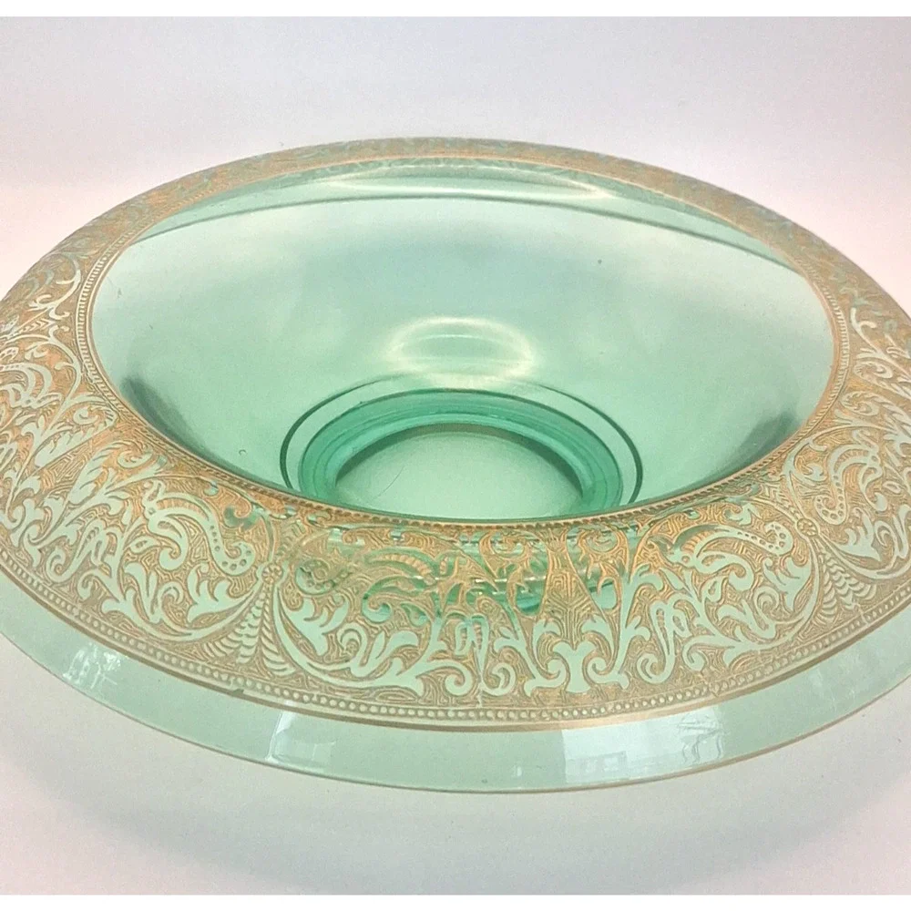 Lancaster Deco Brocade Green Uranium Glass Console Bowl 11” 1930s Gold Etching